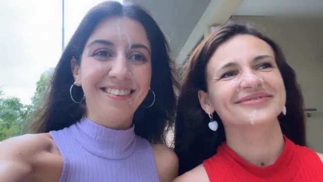 Slutty Neighbors Ask for Cum on Their Cute Faces for Public Cumwalk poster